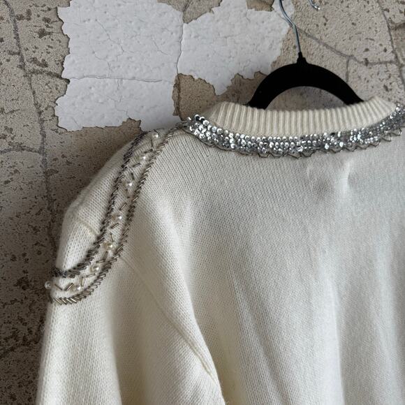 Vtg 80s Holiday Sweater Sequin Bow Pearl Pullover Alfred Dunner L Coquette Glam - Picture 6 of 8